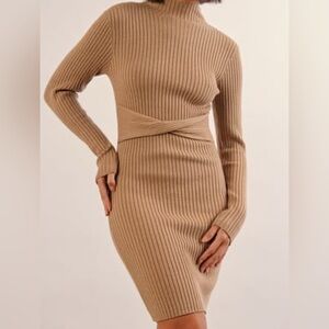 Na-Kd Tan Ribbed Mock Neck Bodycon Dress Size M